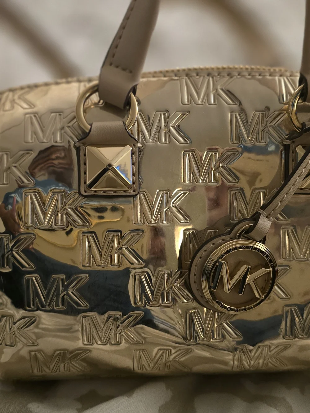 Michael Kors Gold MK Embossed Small Satchel Grayson